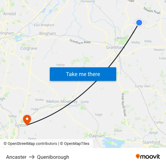 Ancaster to Queniborough map