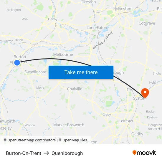 Burton-On-Trent to Queniborough map