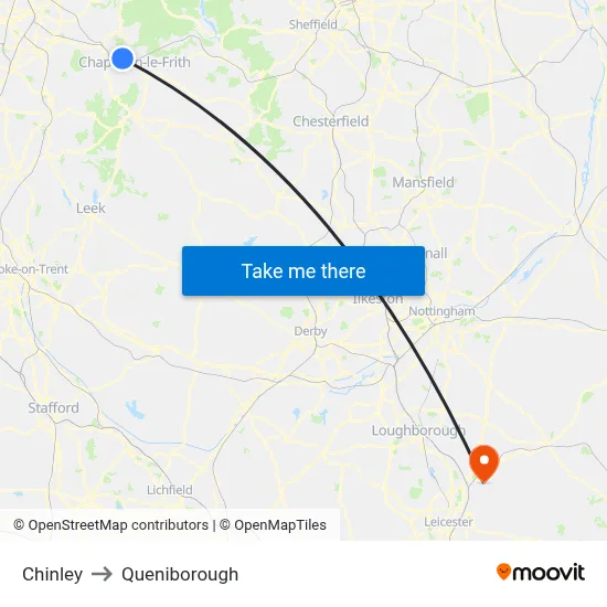 Chinley to Queniborough map