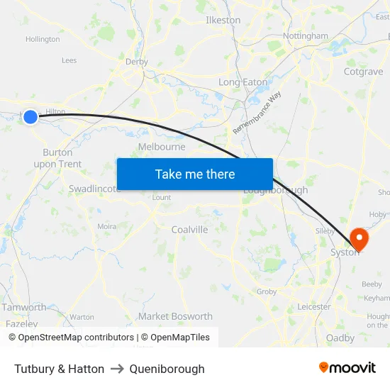 Tutbury & Hatton to Queniborough map