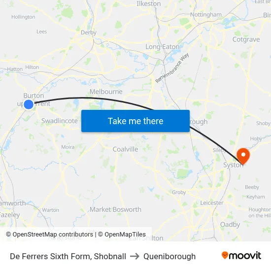 De Ferrers Sixth Form, Shobnall to Queniborough map