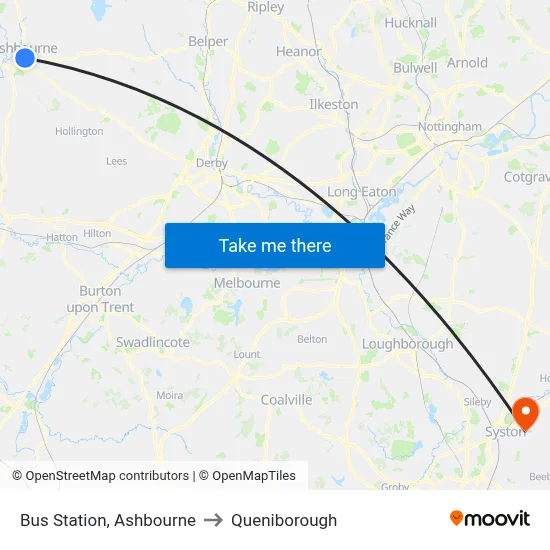 Bus Station, Ashbourne to Queniborough map