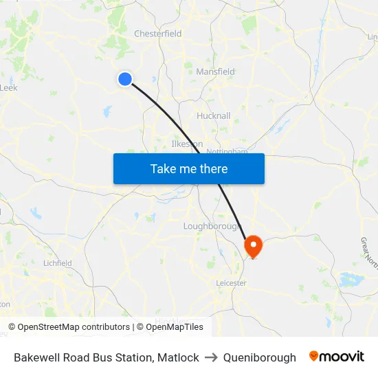 Bakewell Road Bus Station, Matlock to Queniborough map