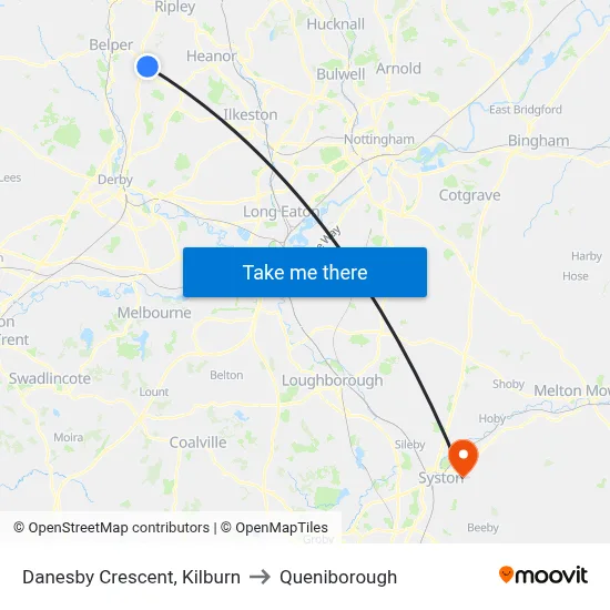 Danesby Crescent, Kilburn to Queniborough map