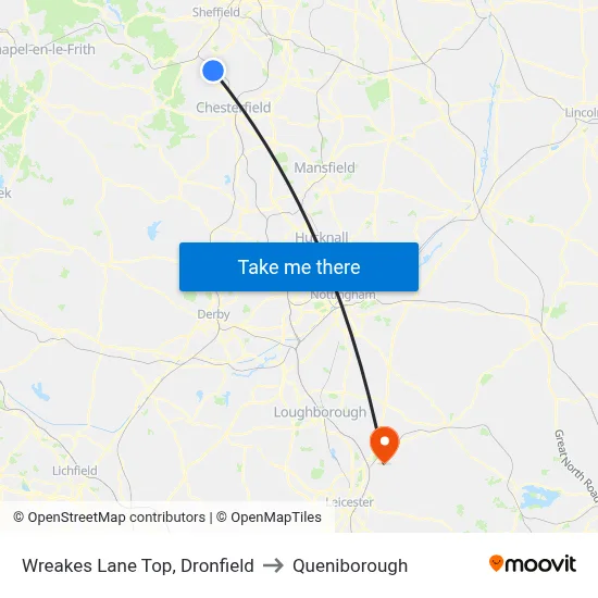 Wreakes Lane Top, Dronfield to Queniborough map