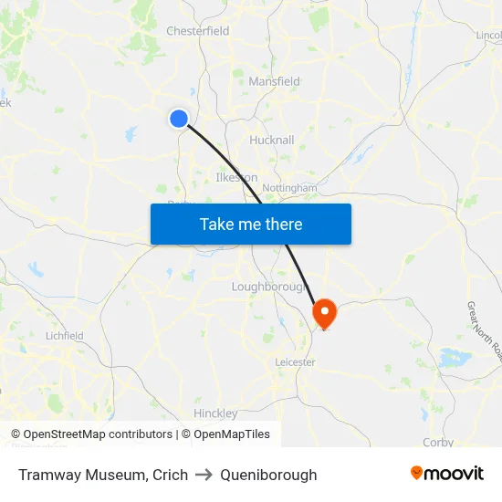 Tramway Museum, Crich to Queniborough map