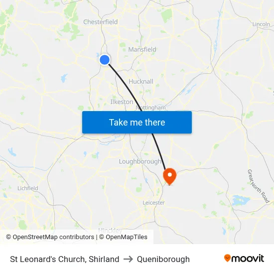 St Leonard's Church, Shirland to Queniborough map