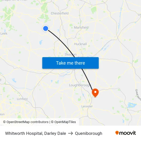 Whitworth Hospital, Darley Dale to Queniborough map