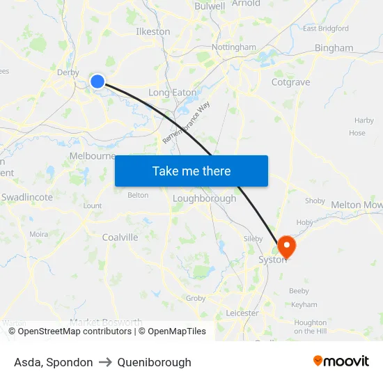 Asda, Spondon to Queniborough map
