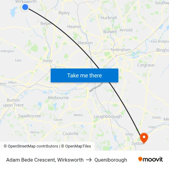 Adam Bede Crescent, Wirksworth to Queniborough map