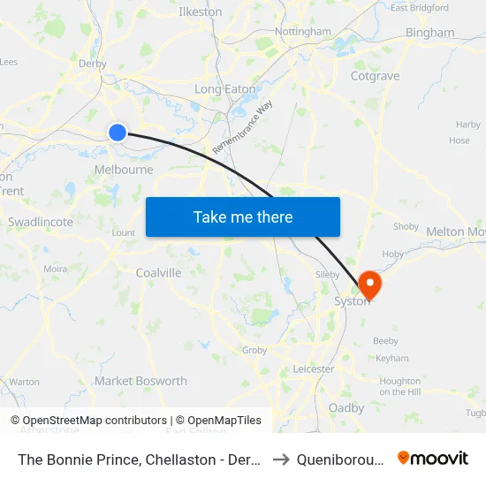The Bonnie Prince, Chellaston - Derby to Queniborough map