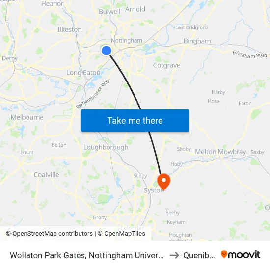 Wollaton Park Gates, Nottingham University Main Campus (Un12) to Queniborough map