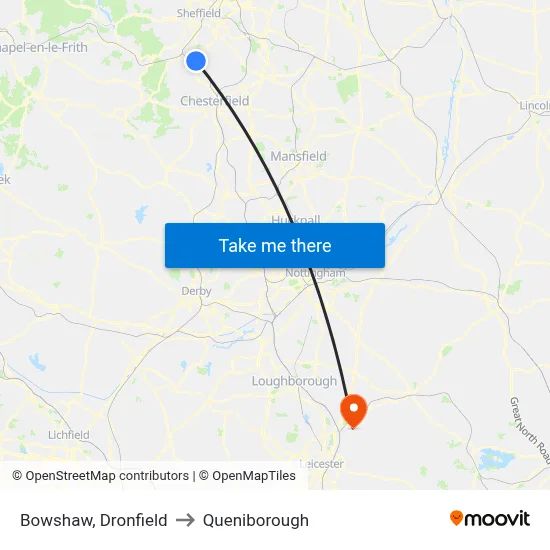 Bowshaw, Dronfield to Queniborough map