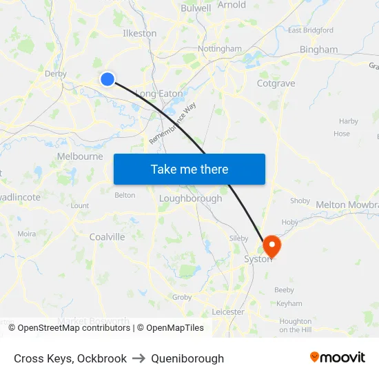 Cross Keys, Ockbrook to Queniborough map