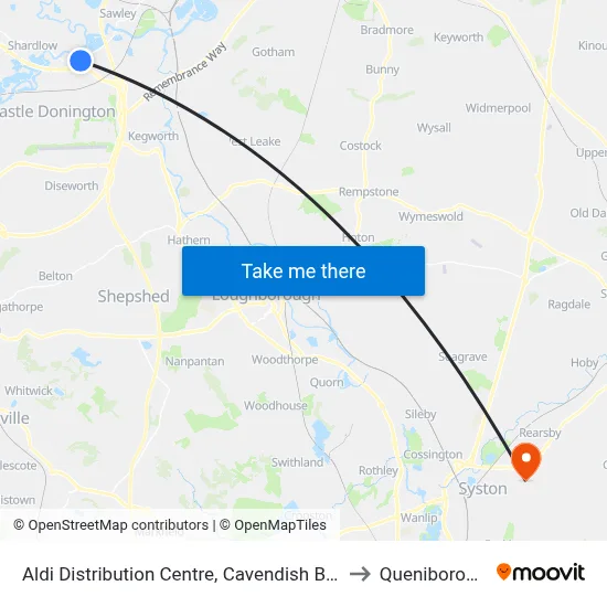 Aldi Distribution Centre, Cavendish Bridge to Queniborough map
