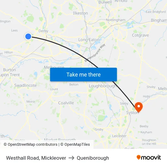 Westhall Road, Mickleover to Queniborough map
