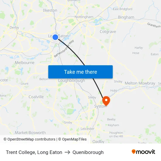 Trent College, Long Eaton to Queniborough map