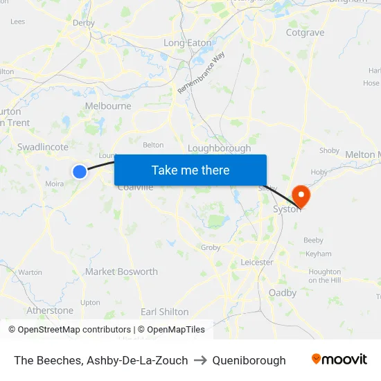 The Beeches, Ashby-De-La-Zouch to Queniborough map
