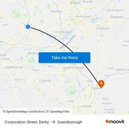 Corporation Street, Derby to Queniborough map