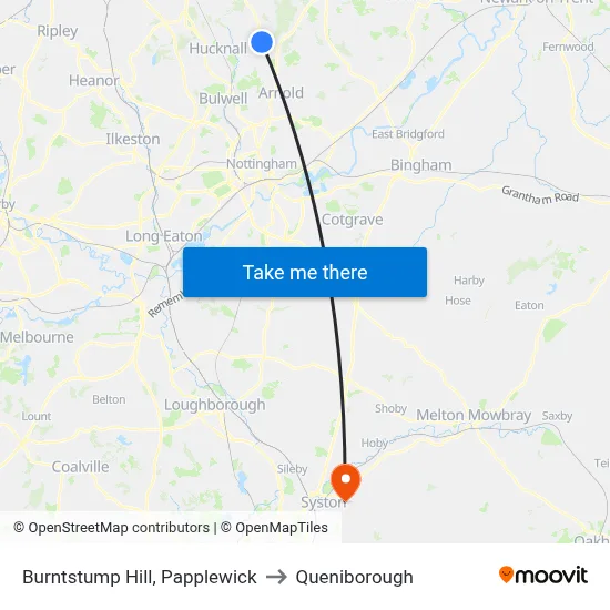 Burntstump Hill, Papplewick to Queniborough map