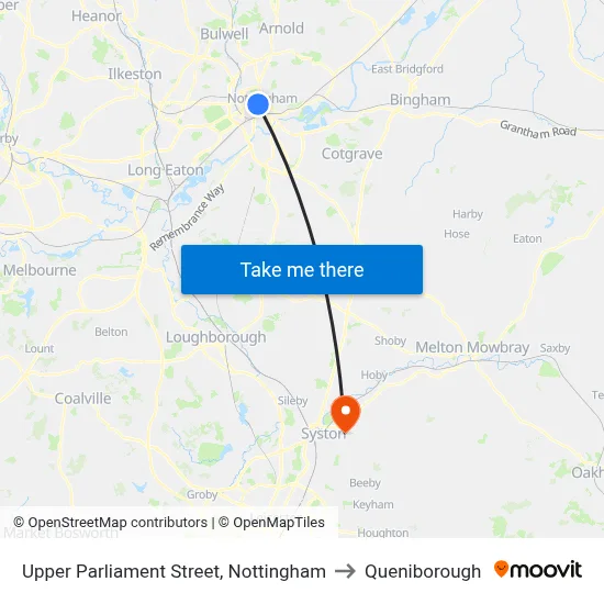 Upper Parliament Street, Nottingham to Queniborough map