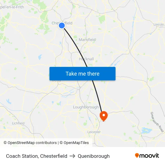 Coach Station, Chesterfield to Queniborough map