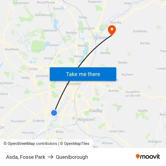Asda, Fosse Park to Queniborough map