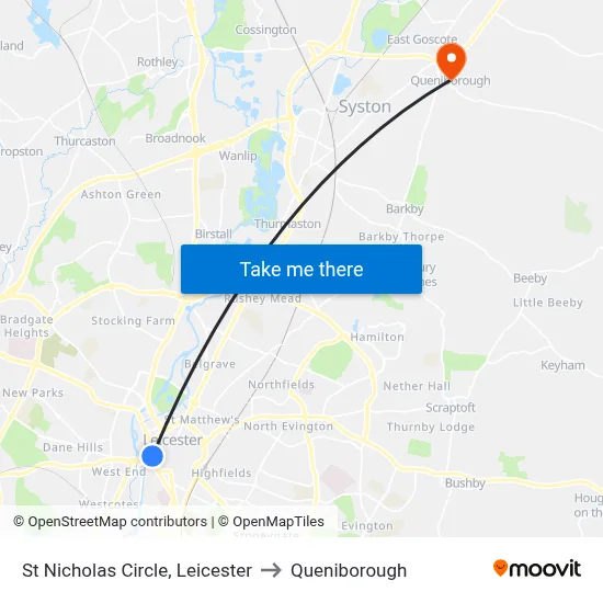 St Nicholas Circle, Leicester to Queniborough map