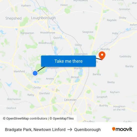 Bradgate Park, Newtown Linford to Queniborough map