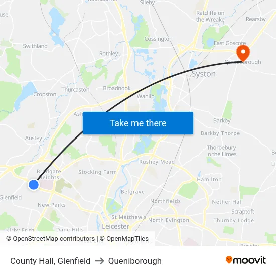 County Hall, Glenfield to Queniborough map