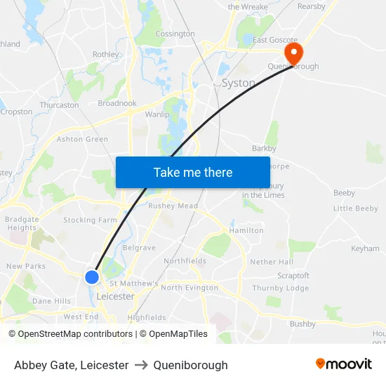 Abbey Gate, Leicester to Queniborough map