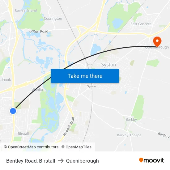 Bentley Road, Birstall to Queniborough map