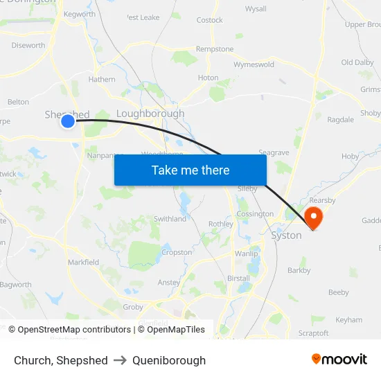 Church, Shepshed to Queniborough map