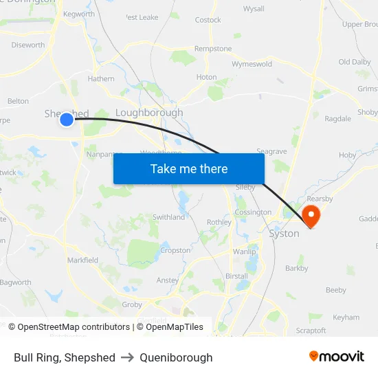 Bull Ring, Shepshed to Queniborough map