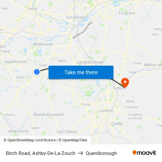 Birch Road, Ashby-De-La-Zouch to Queniborough map
