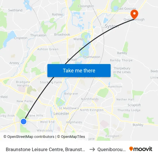 Braunstone Leisure Centre, Braunstone to Queniborough map