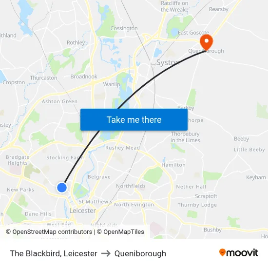 The Blackbird, Leicester to Queniborough map