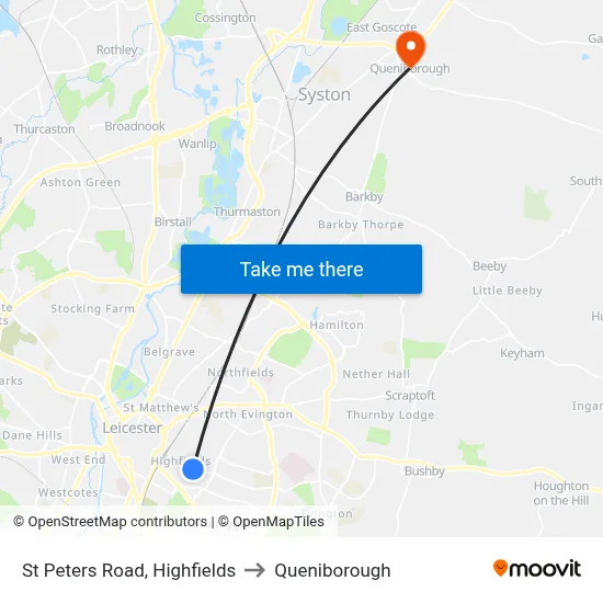 St Peters Road, Highfields to Queniborough map