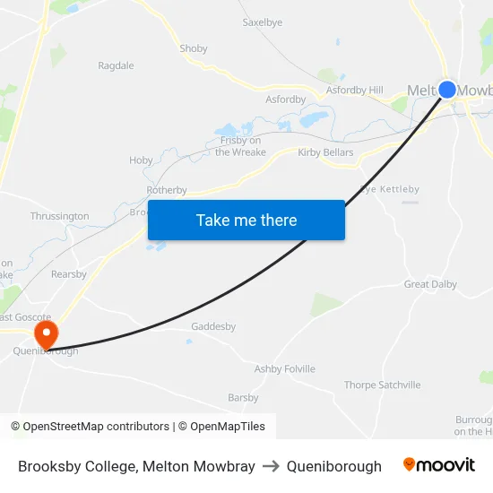 Brooksby College, Melton Mowbray to Queniborough map