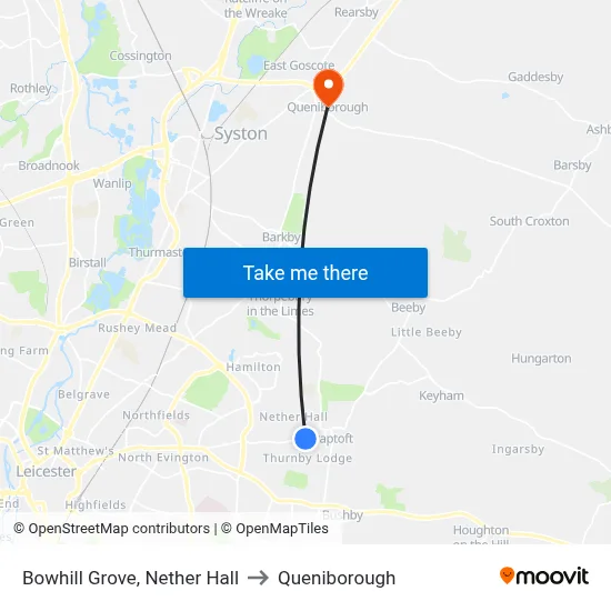Bowhill Grove, Nether Hall to Queniborough map