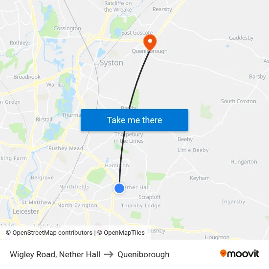 Wigley Road, Nether Hall to Queniborough map