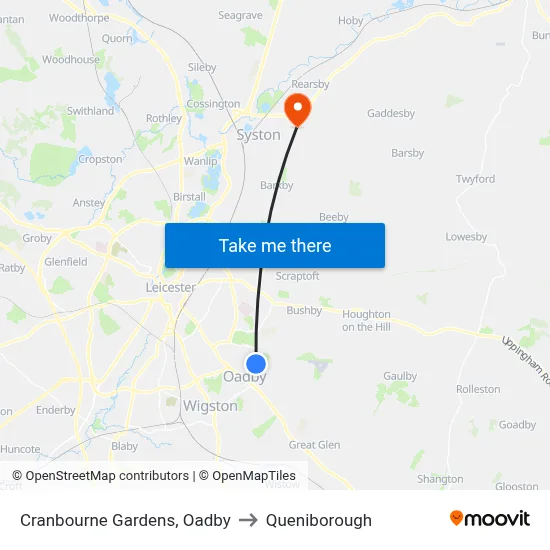 Cranbourne Gardens, Oadby to Queniborough map
