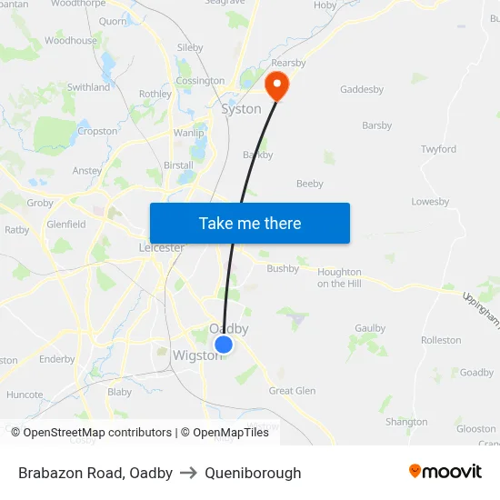 Brabazon Road, Oadby to Queniborough map