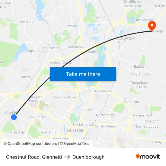 Chestnut Road, Glenfield to Queniborough map