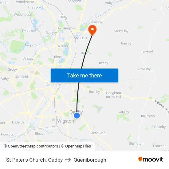 St Peter's Church, Oadby to Queniborough map