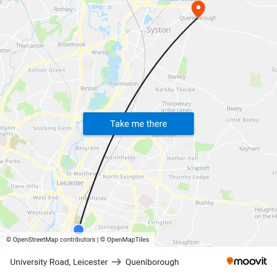University Road, Leicester to Queniborough map