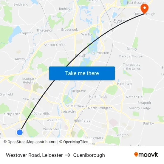 Westover Road, Leicester to Queniborough map