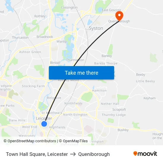 Town Hall Square, Leicester to Queniborough map