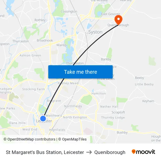 St Margaret's Bus Station, Leicester to Queniborough map