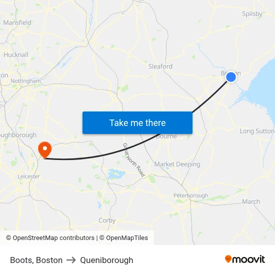 Boots, Boston to Queniborough map